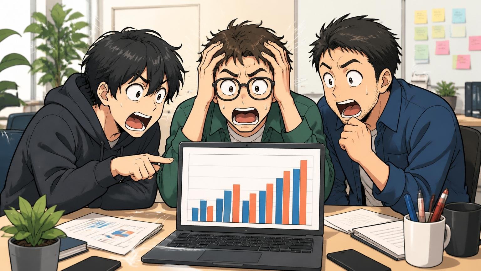 Web系スタートアップのオフィスでエンジニア3人が他社の年収データを比較して驚く表情