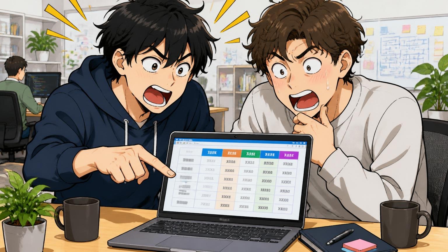 Web系スタートアップのオフィスで、エンジニア2人がノートPCの画面で複数企業の年収比較表を眺める