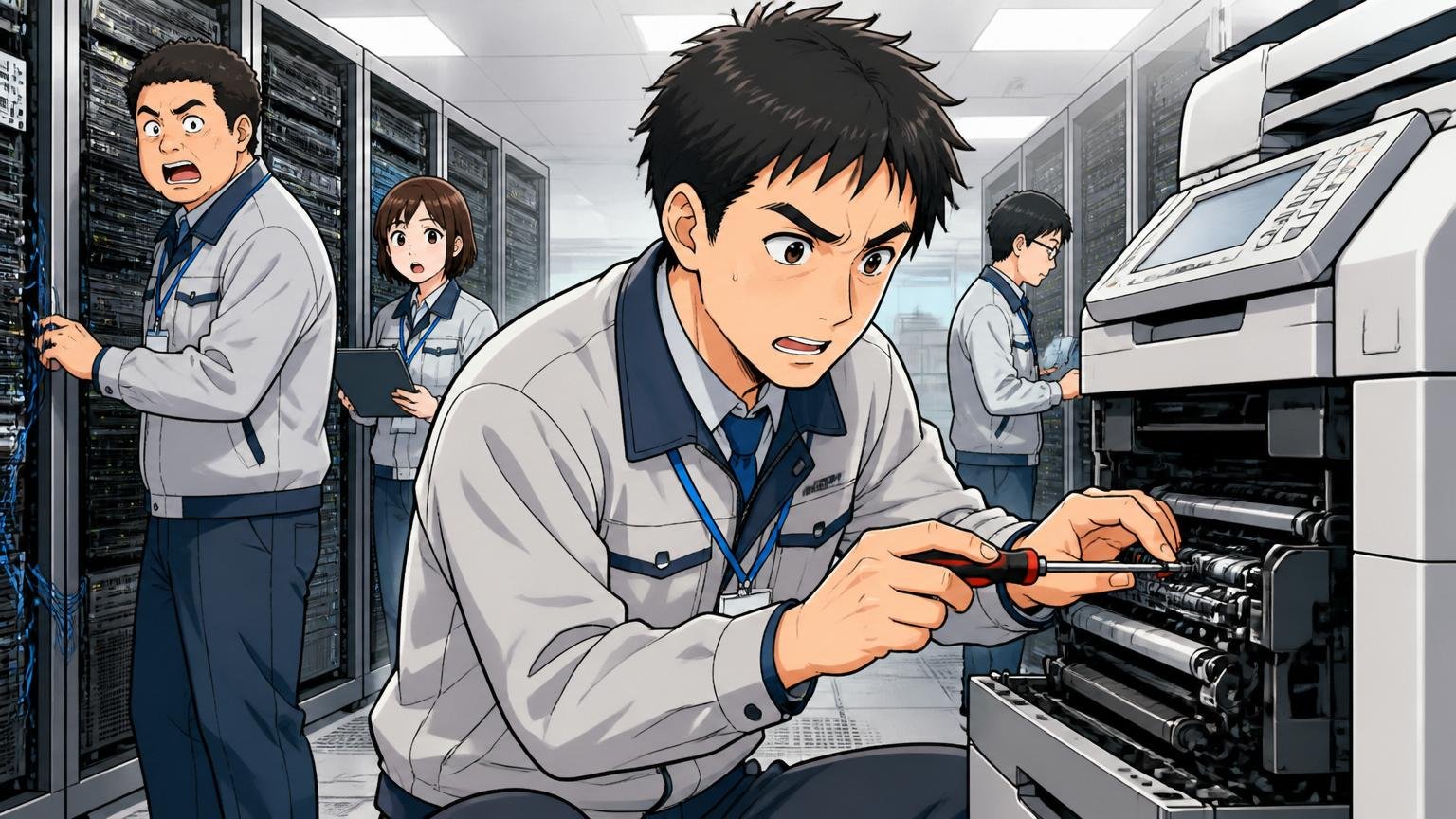 企業のサーバールームで作業着姿の30代男性カスタマーエンジニアが複合機やサーバーの保守作業をしている場面