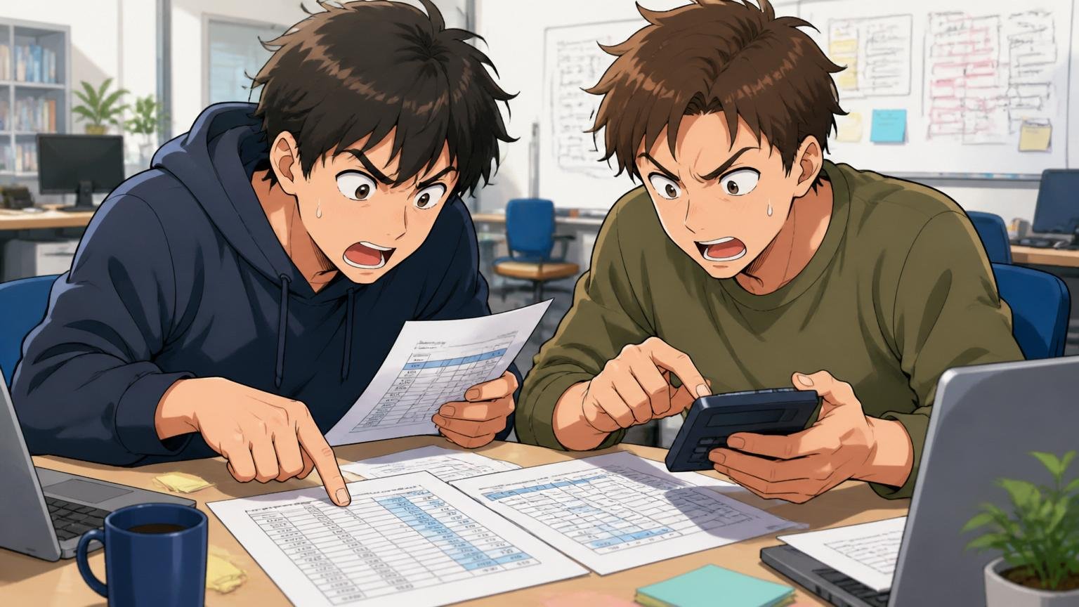 SaaS業界平均との差を計算する場面、Web系スタートアップのオフィスで20代エンジニア2人が電卓と給与表を見比べる