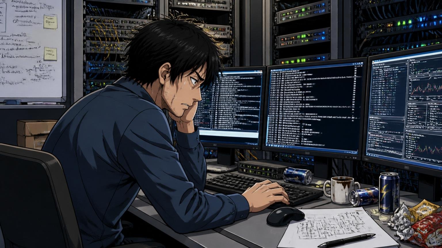 深夜のデータセンター運用ルームでネットワーク機器のログを確認する30代男性エンジニアの疲れた背中