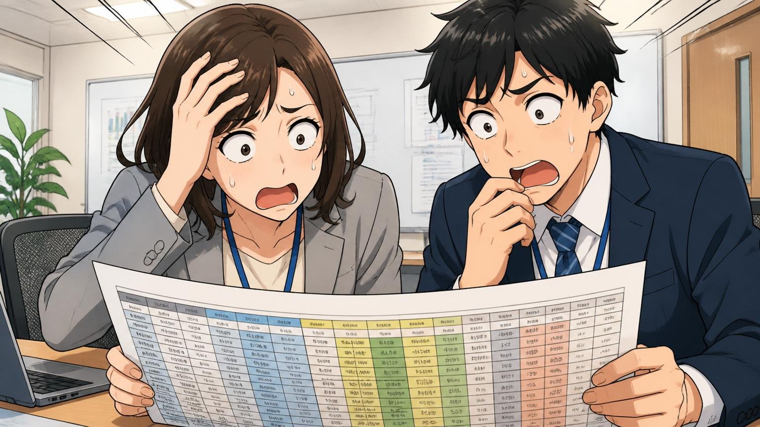 JTCのオフィス会議室で評価制度表を見て困惑する30代の女性エンジニアと若手社員