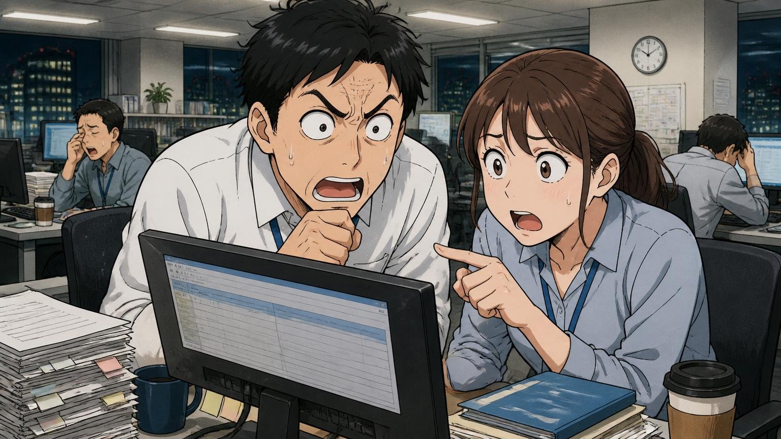 金融系SIerの開発フロアで深夜残業中にPCのタイムカード画面を確認する男女エンジニア2人