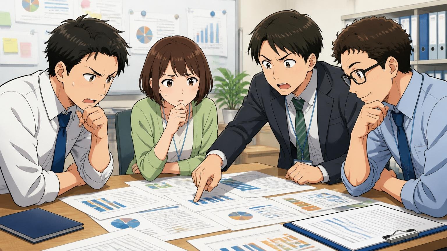 企業の人事資料を広げて議論する4名の中堅・若手社員、深刻な表情と納得の表情が混在