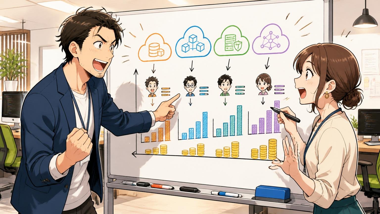 クラウド職種と年収比較、Web系オフィスで30代男女、ホワイトボードで議論