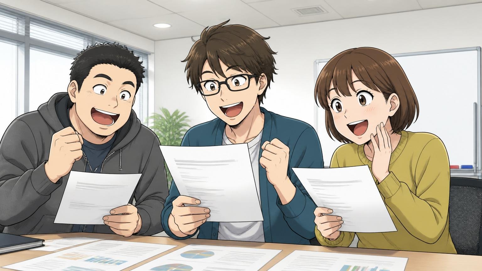 企業の会議室で報酬制度の改定について説明を受け、資料を手に明るい表情を見せるゲーム業界の社員3人