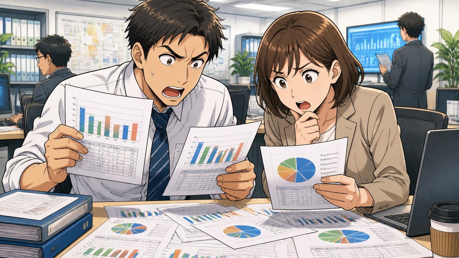 職種別エンジニアの年収を比較。IT企業のオフィスで複数の年収資料を真剣に見比べる男女2人の社員