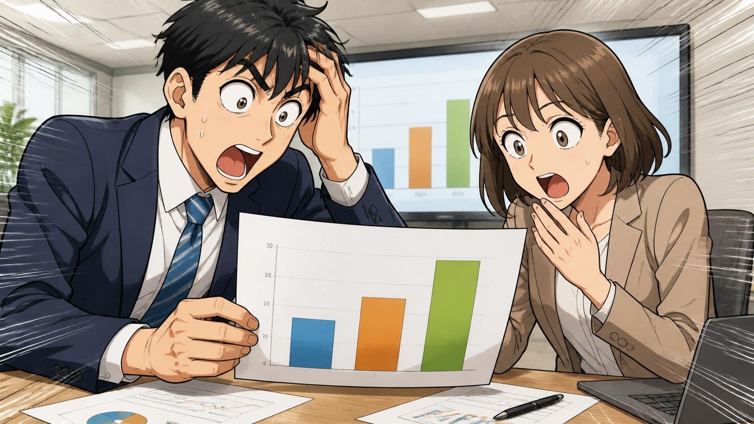 電通・博報堂とADKの年収を3社比較する。広告代理店の会議室でグラフ資料を見て驚く男女社員2人、目を見開く
