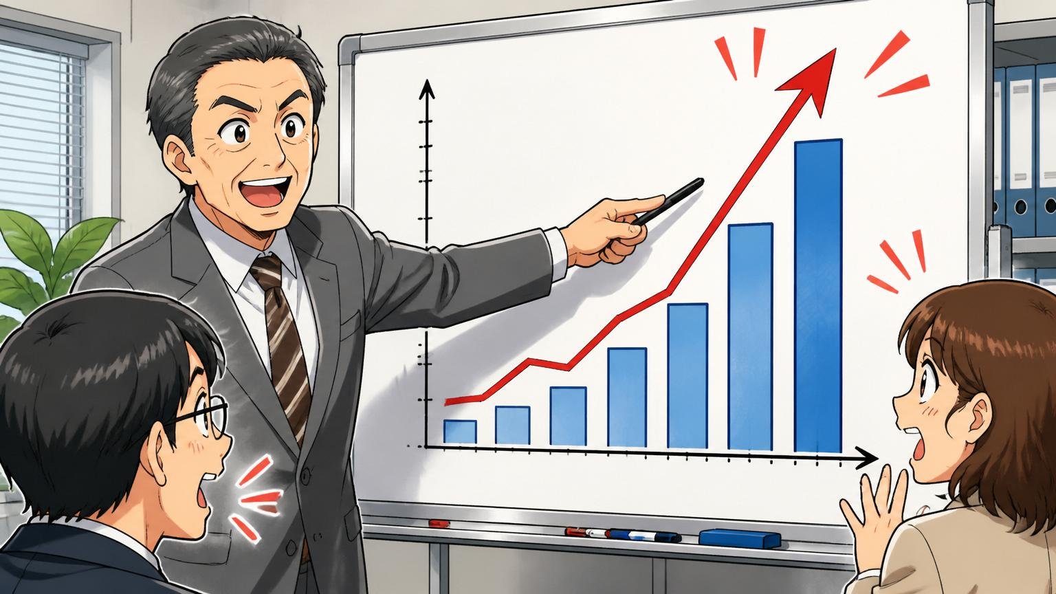 年収は役職が上がってから伸びるあとから型。企業のオフィスでベテラン男性社員が年収推移を指し示す