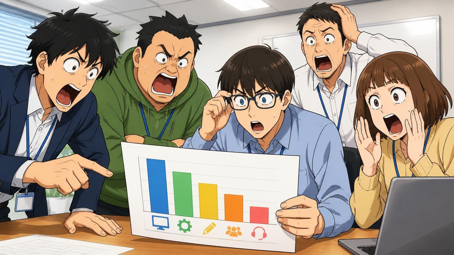 同じ会社でも職種で年収が違う。IT企業の会議室で複数の社員が職種別の年収表を見て驚く