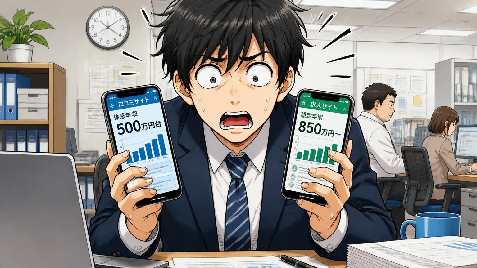 口コミの体感年収500万円台というギャップ。オフィスでスマホの年収データを見比べる20代男性が愕然