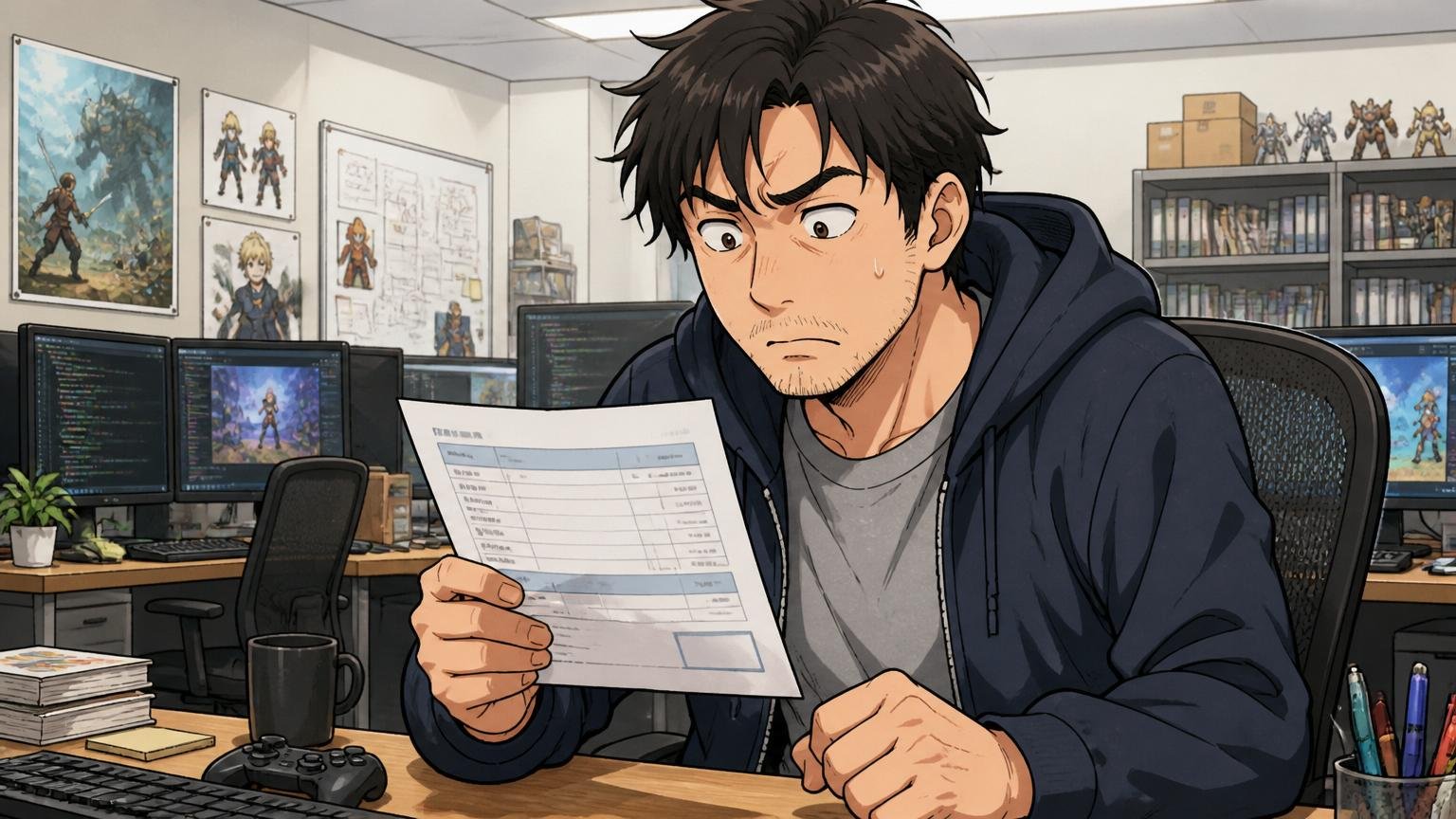 ゲーム開発スタジオの自席で昇給通知の紙を手に、わずかな金額に表情が固まる30代の中堅エンジニア1人