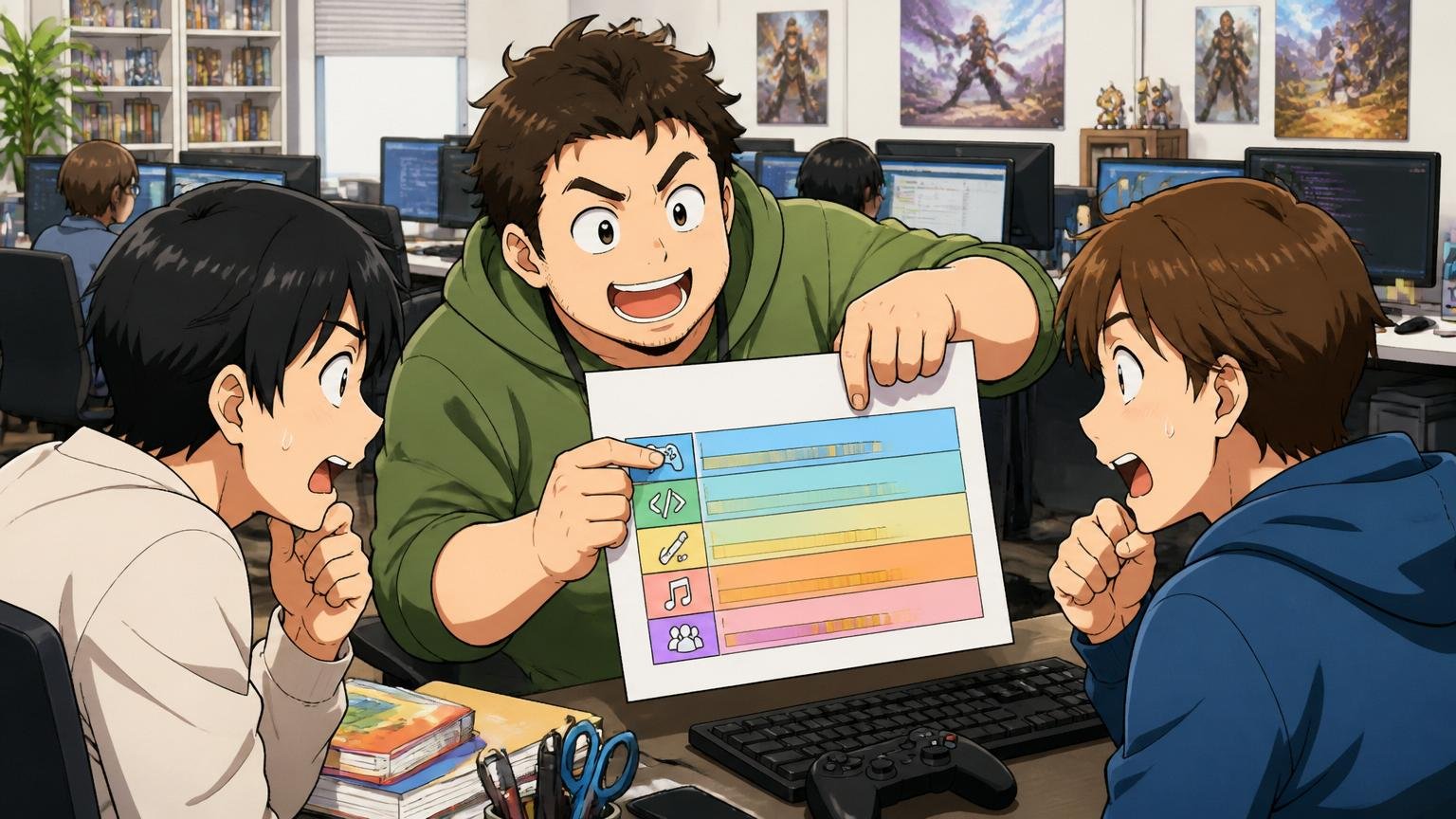 ゲーム開発スタジオの席で職種ごとの年収表を指さしながら話す先輩エンジニアと若手2人