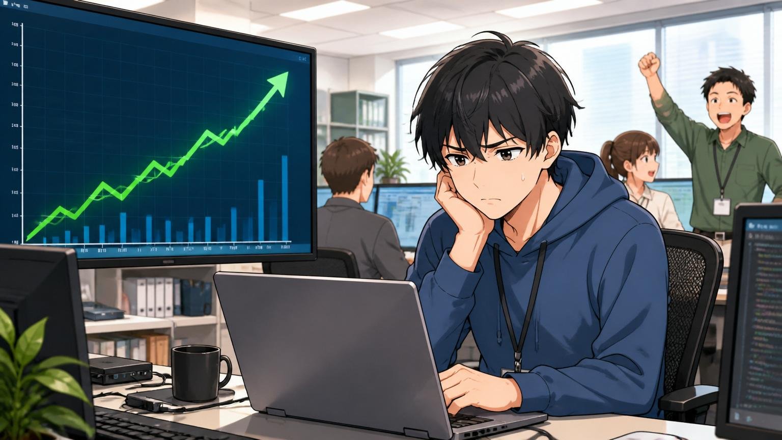 会社の平均は上がっているでも自分は IT企業のオフィスで上昇グラフを前に複雑な表情の男性エンジニア1人
