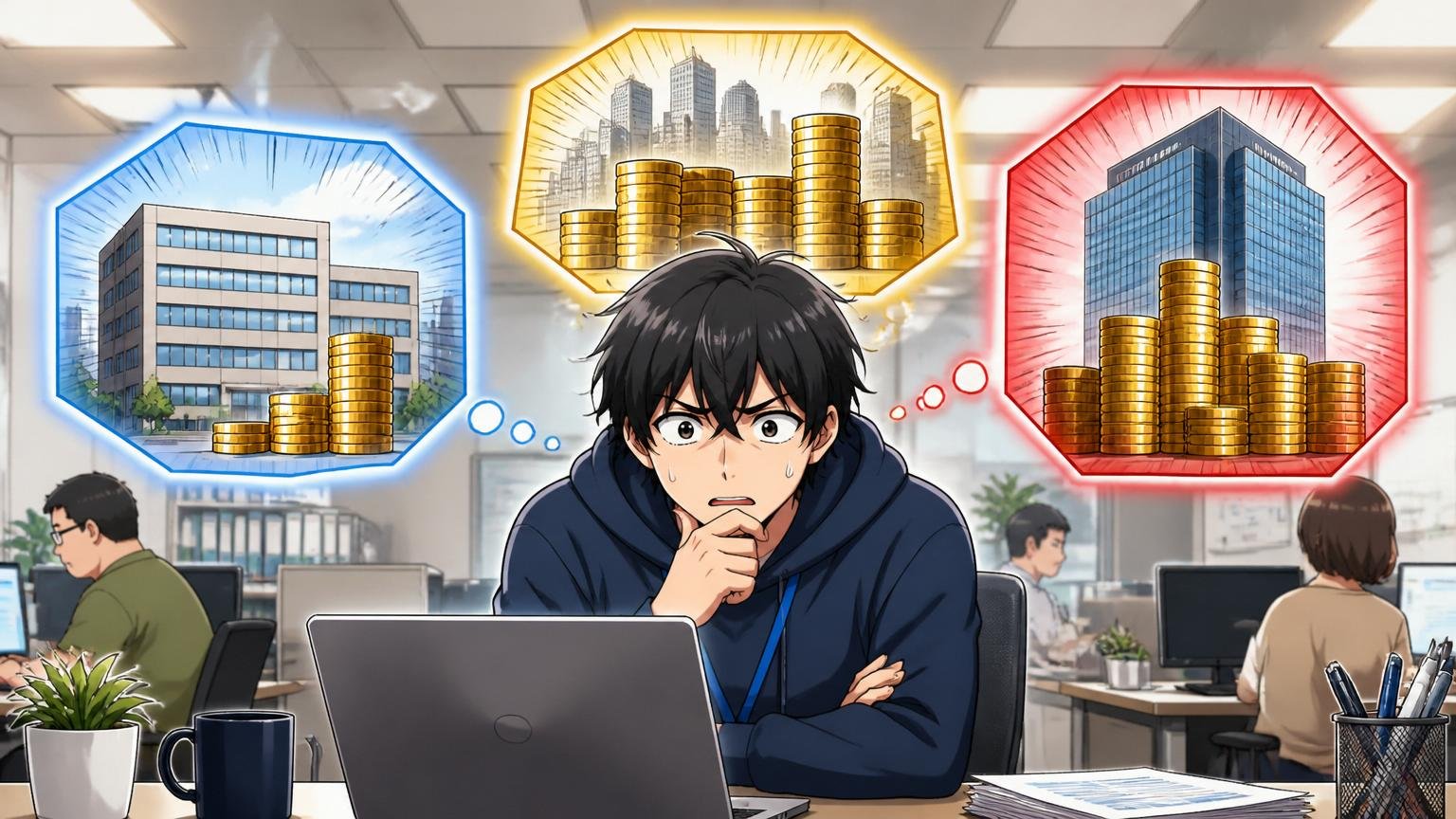 立場で変わる年収。オフィスでエンジニアが子会社と業界平均と親会社の3つの年収数字を見比べて複雑な表情