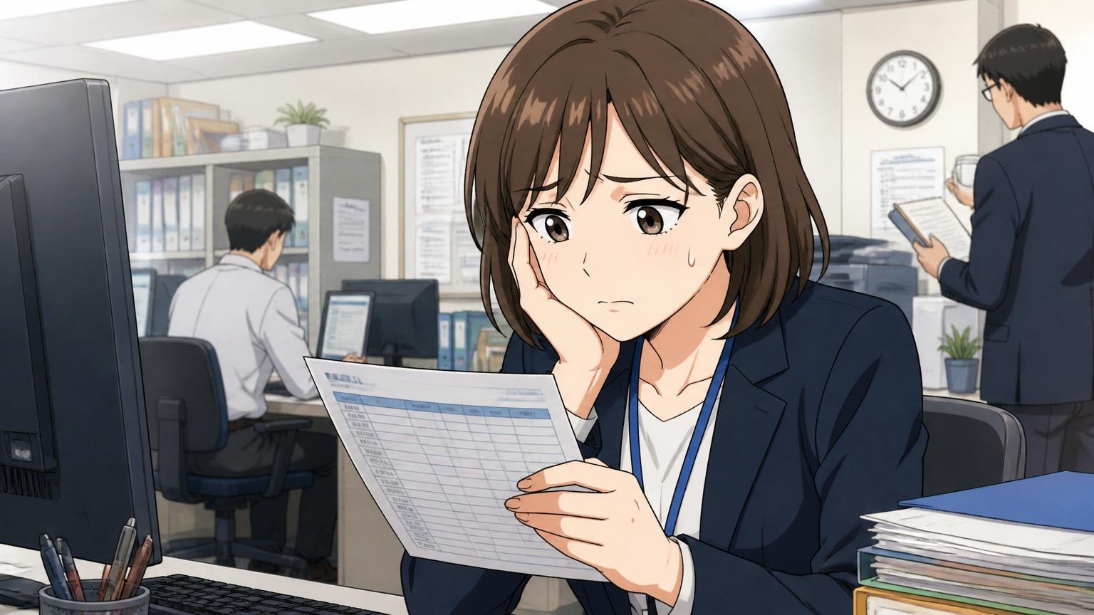 賞与の伸びの実感の薄さに悩む。企業のオフィスで女性社員1人がボーナス明細を手に浮かない表情