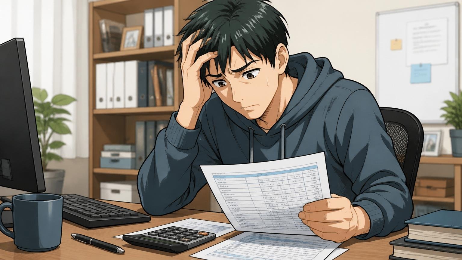 基本給が低い給与構造に悩む。自宅のデスクで給与明細と電卓を前に眉をひそめて考え込む30代男性エンジニア1人
