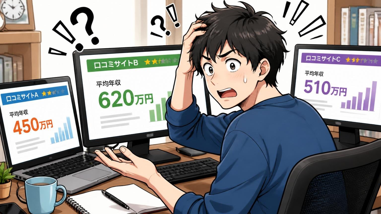 口コミサイトの平均年収は情報源でブレる。自宅のデスクで20代男性が複数のPC画面の数字を見比べ困惑