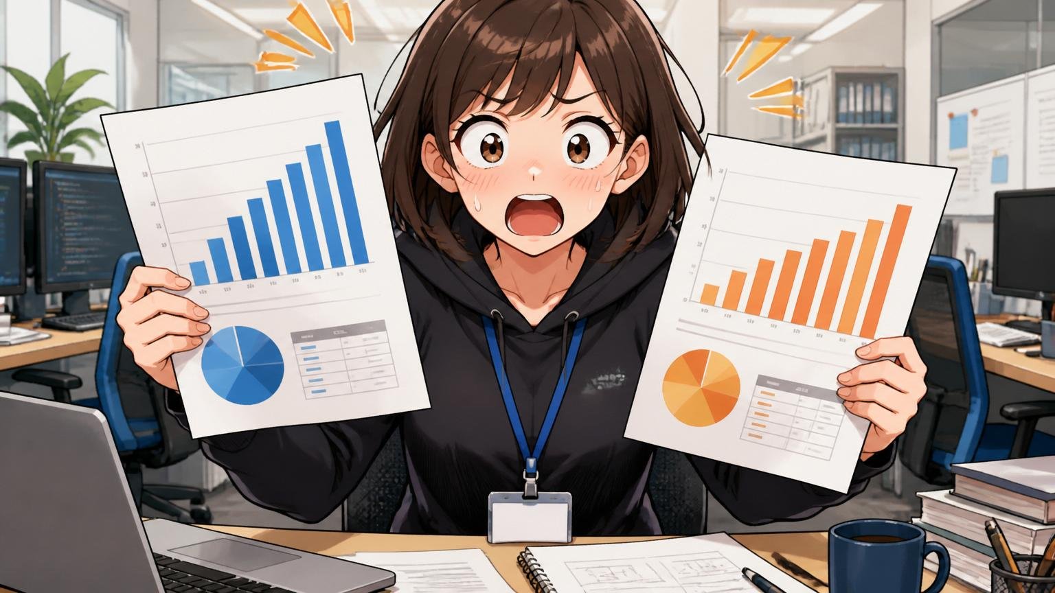 社員口コミの平均は約530万円その100万円ギャップ。オフィスで2枚の資料を見比べ驚く女性エンジニア1人