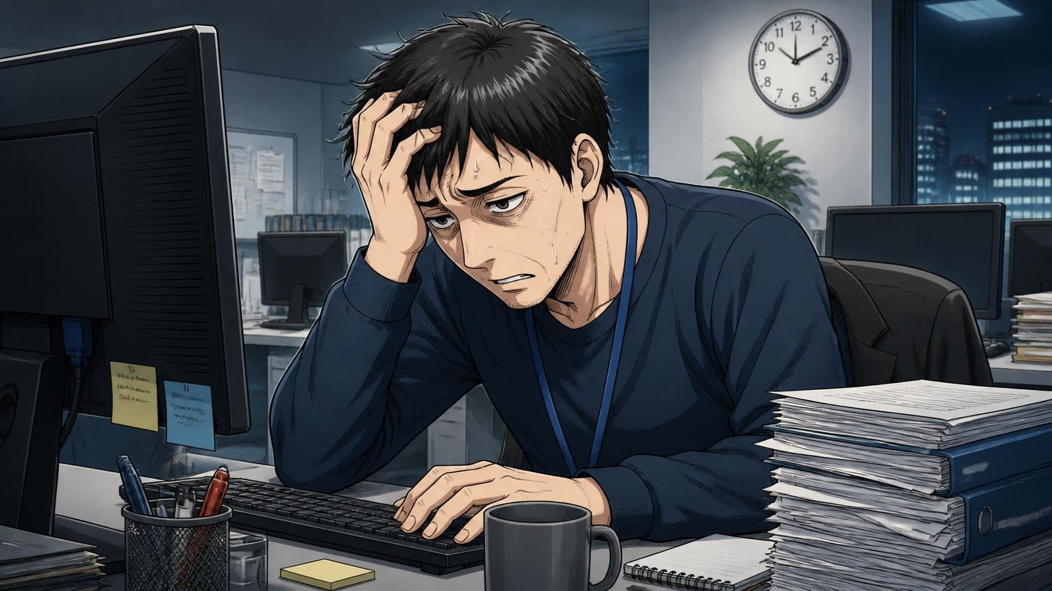 正体②年収の内訳が残業代と賞与に頼っている｜深夜のオフィスで残業中の30代エンジニア1人、疲れた表情