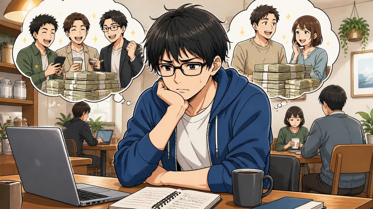 「低い」と感じるのは比較対象を持っているから。カフェで同年代と年収を比べ考え込む男性エンジニア1人