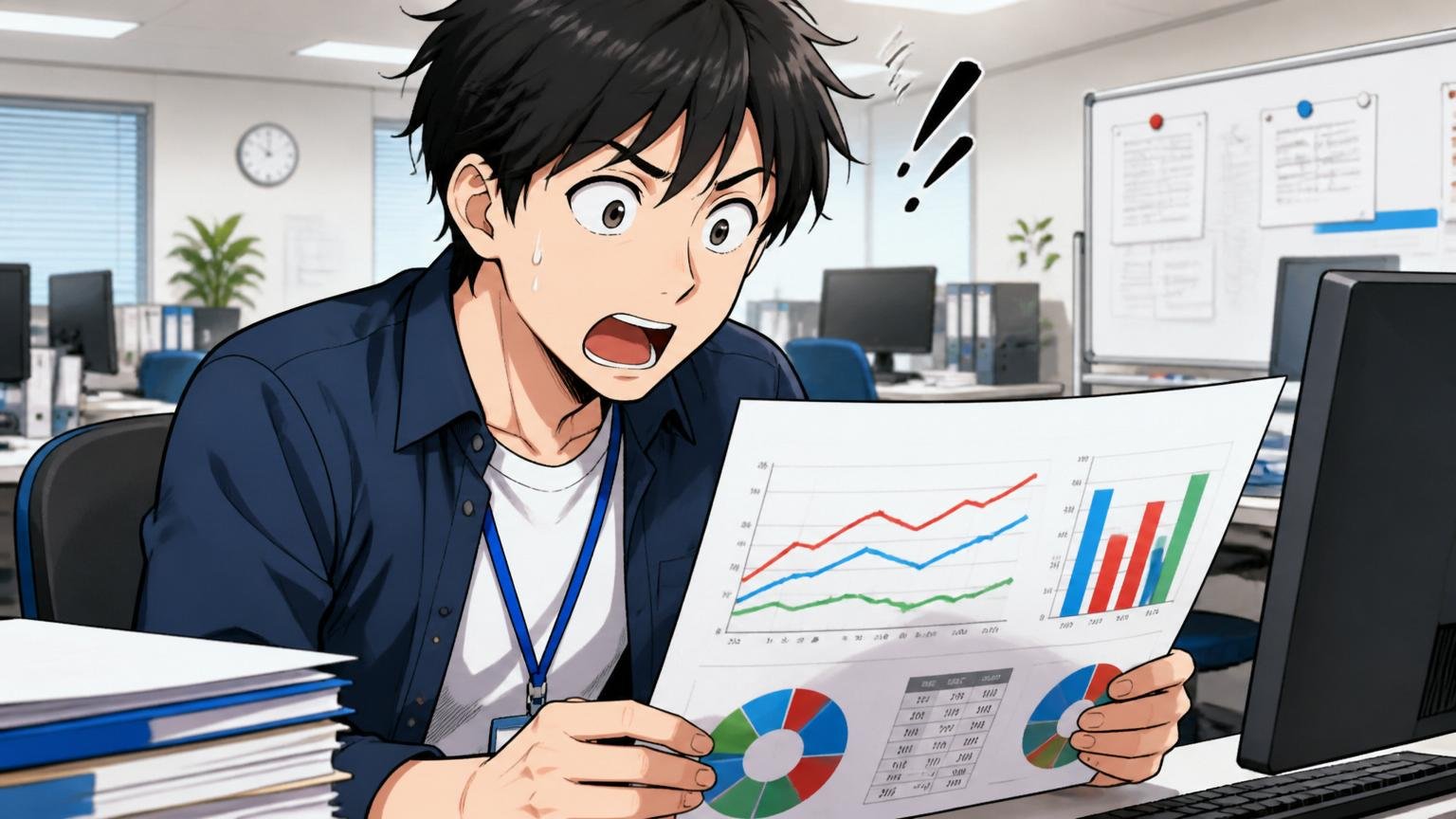 日本全体やIT業界の平均と比べてみる。SIerのオフィスでグラフ資料を見て驚く20代男性エンジニア1人