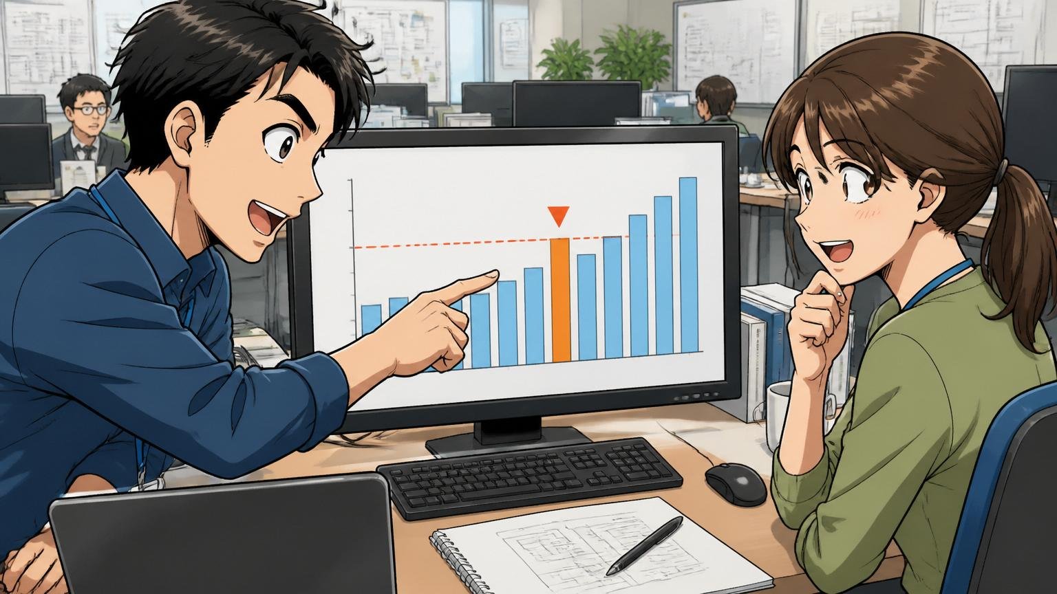 業界平均と比べてどの位置にいるのか。SIerのオフィスで年収グラフを指さし話し合う男女エンジニア2人