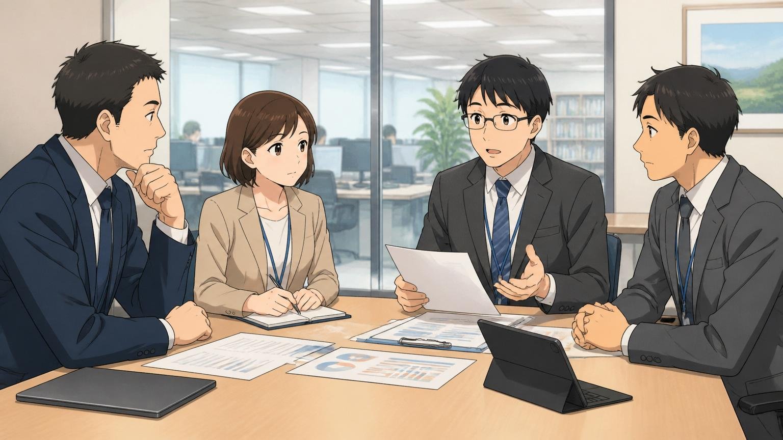 理由2ユーザー系SIerという業態内販中心で保守運用が主体 保険会社の情報システム部門で打ち合わせする社員4人 落ち着いた表情