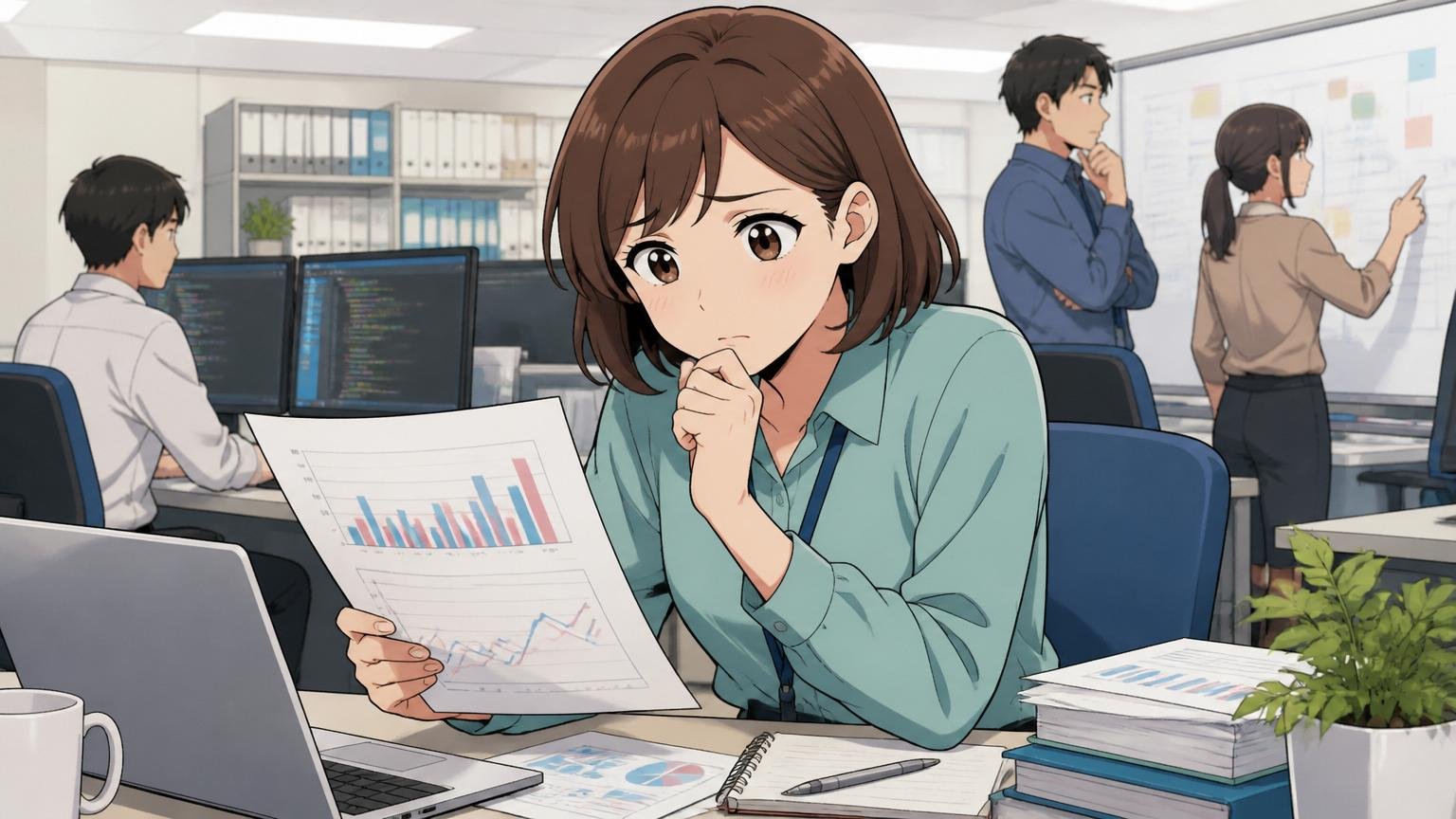 情報通信業の平均と比べると少し低い。SIerのオフィスで女性エンジニアが資料を見て考え込む