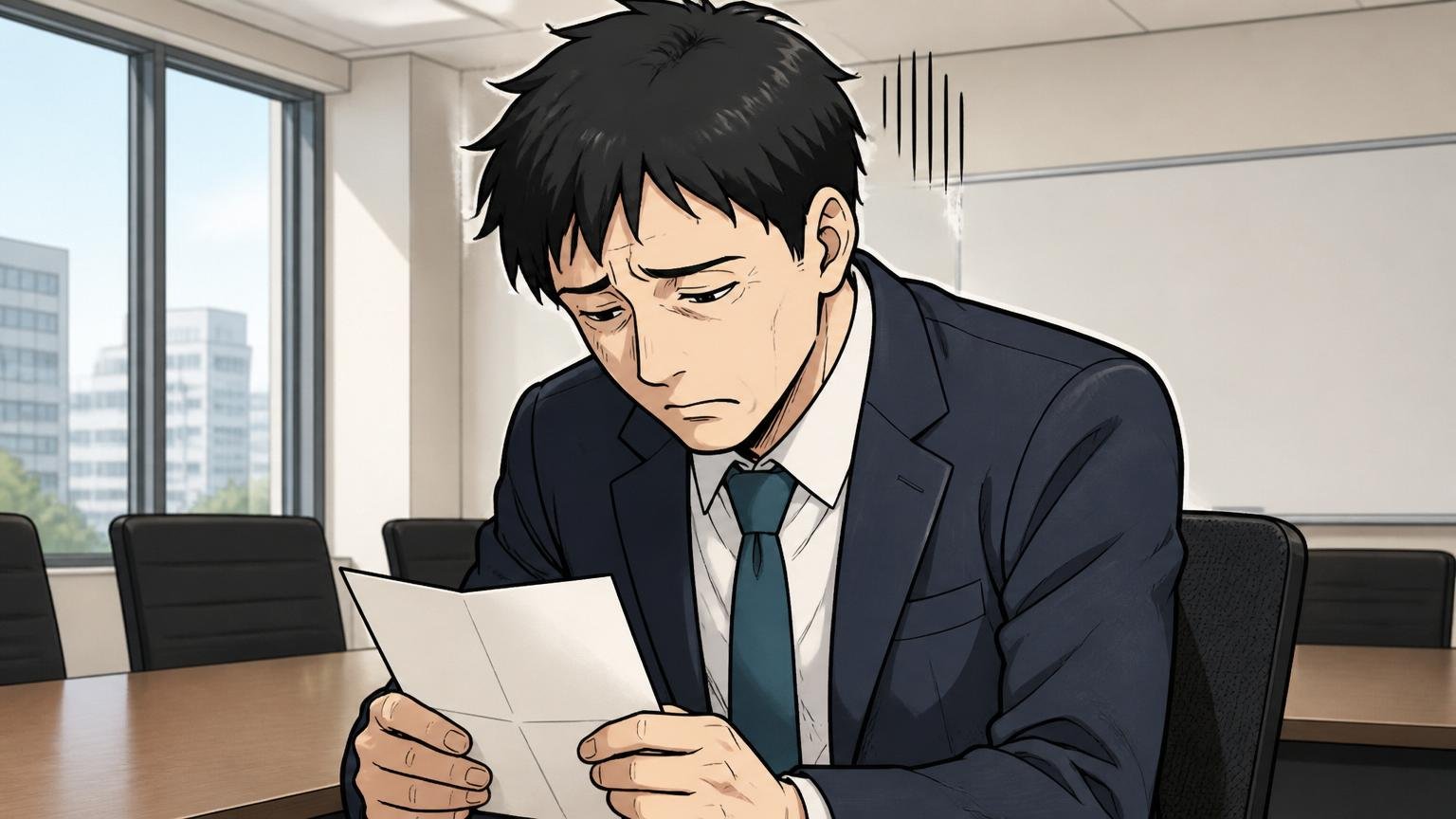 昇給の幅が小さく年数を重ねても上がりにくい、企業の会議室で昇給通知を見てがっかりする中堅社員1人、肩を落とす表情