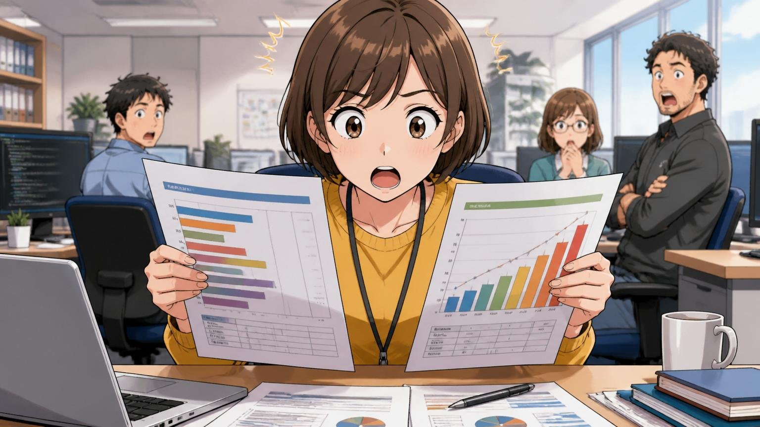 職種別で見るエンジニア職の年収の位置。オフィスで20代女性エンジニアが資料を見比べ驚く表情