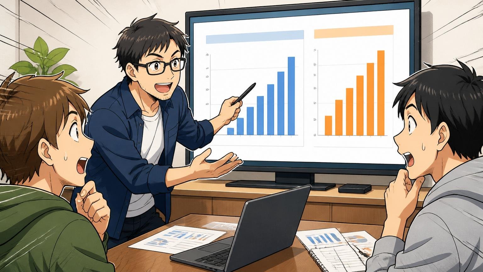 企業の会議室で2つの年収データを指さしながら比較説明する中堅エンジニアと若手2人
