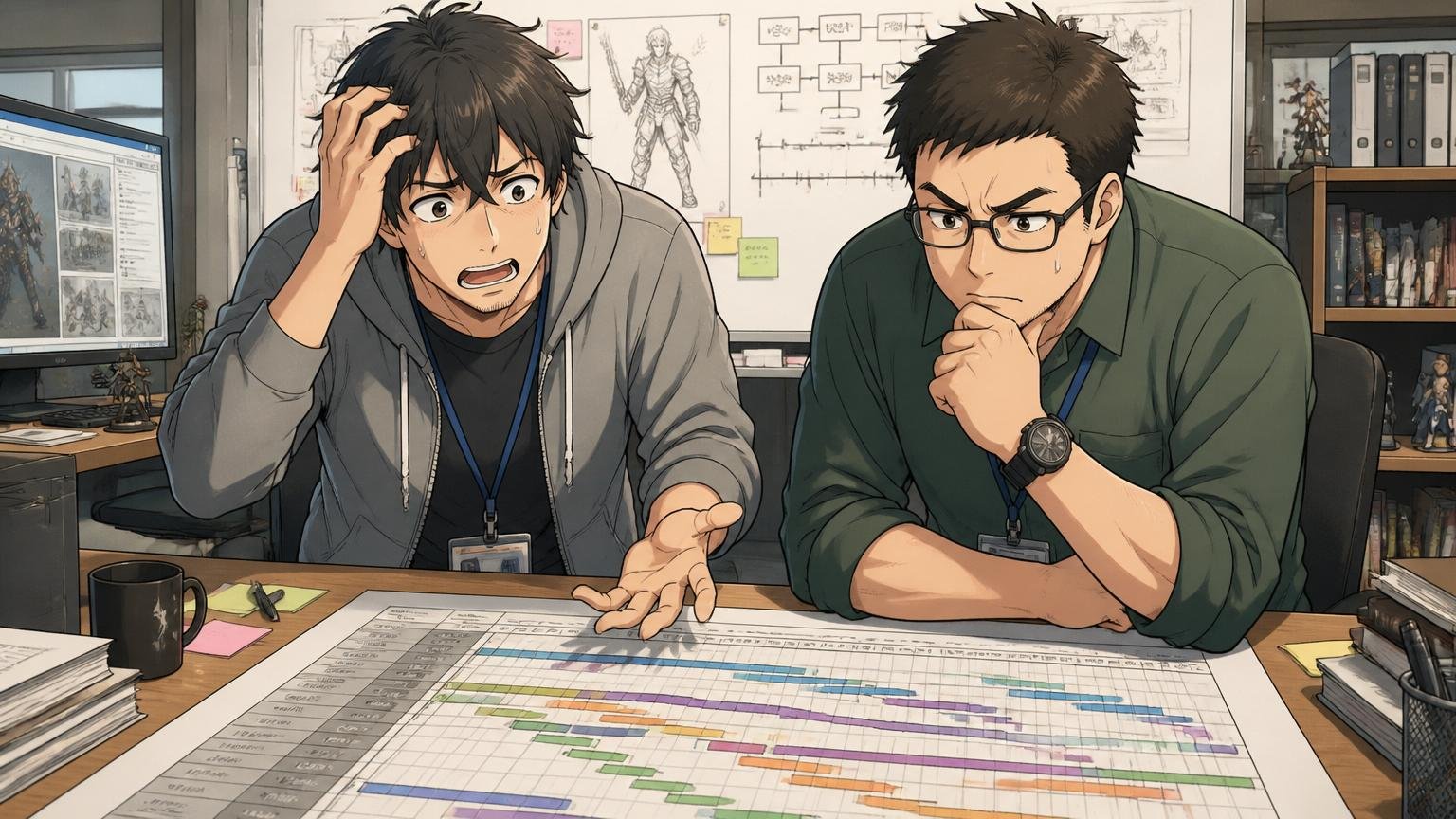 長い開発サイクルと昇給の遅さ。ゲーム開発スタジオで長期プロジェクトの工程表を前に難しい表情の男性開発者2人