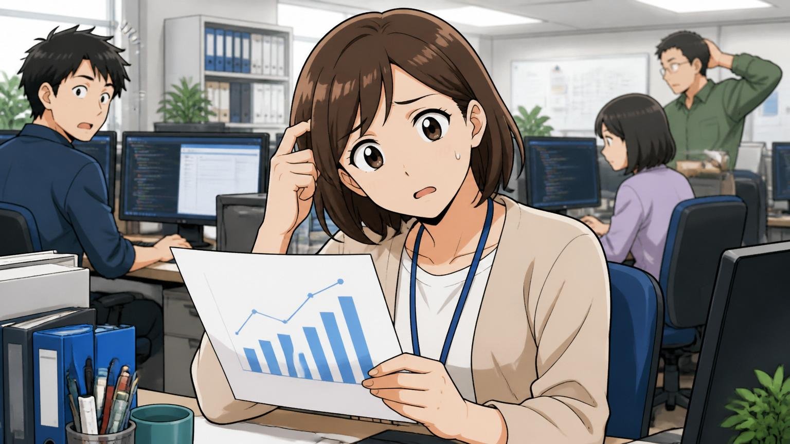 SIerの開発現場のデスクで平均年収の推移グラフの資料を手に首をかしげる30代女性エンジニアの戸惑った表情