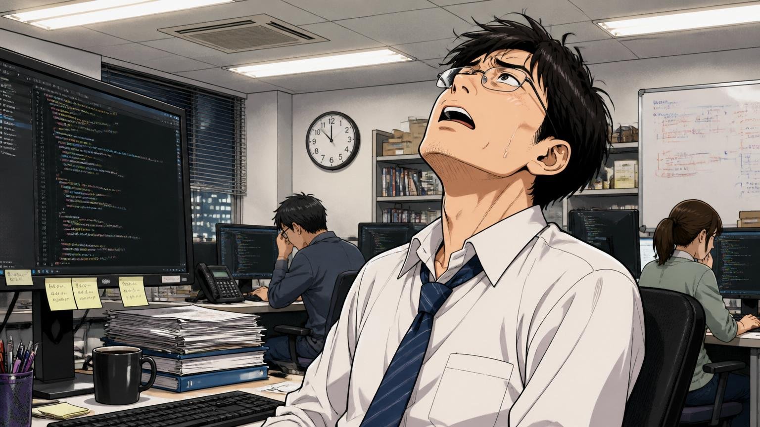 頑張っても給与に差がつかない。通信会社の開発現場で残業中の30代男性社員が天を仰ぐ
