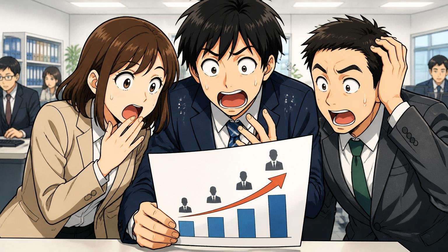 職位が上がると総額が変わる。企業オフィスでジョブレベル別の年収差に驚く男女3人