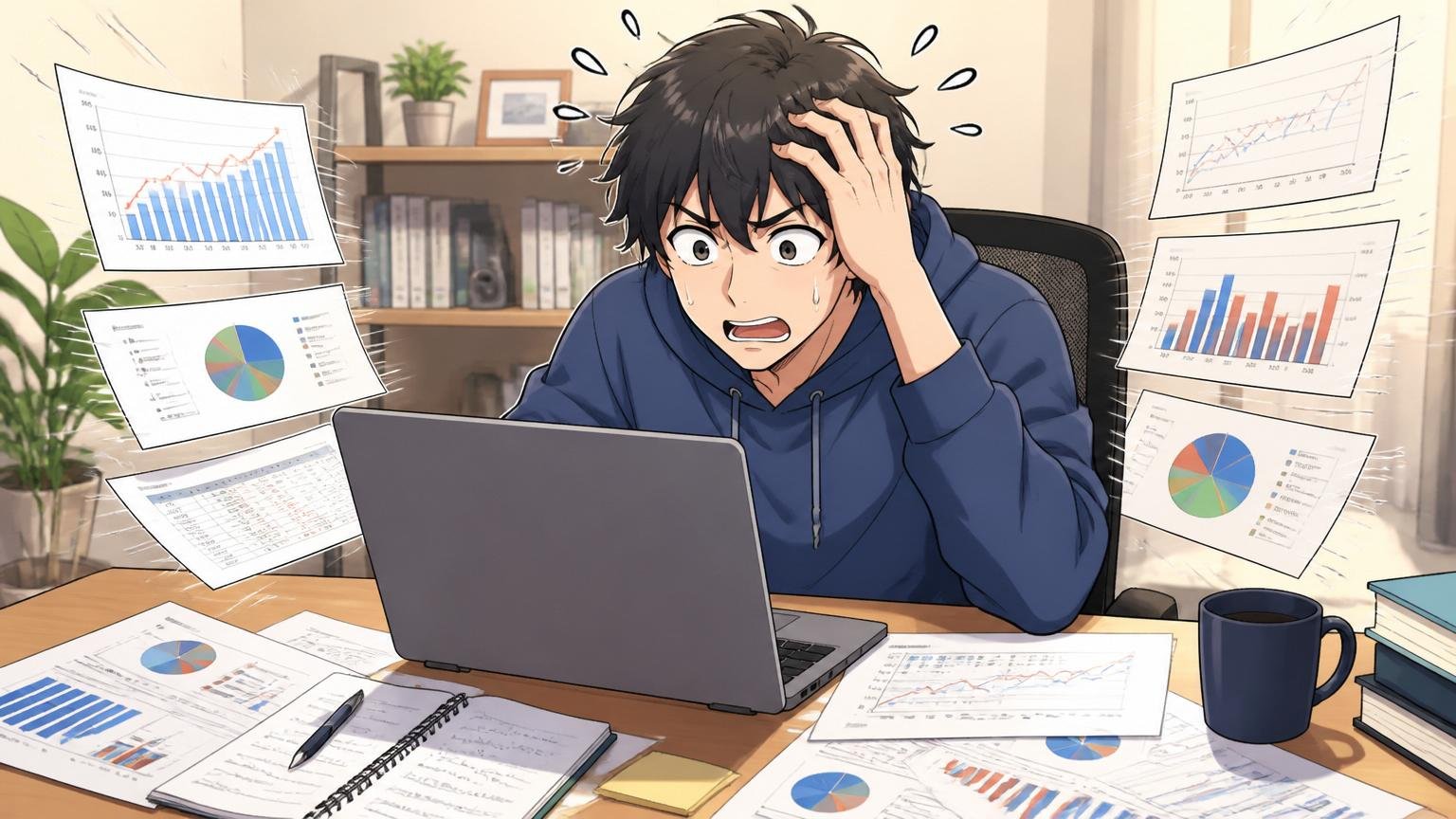 有報の数字に振り回されない、自宅のデスクで30代男性エンジニアがノートパソコンで年収データを調べる