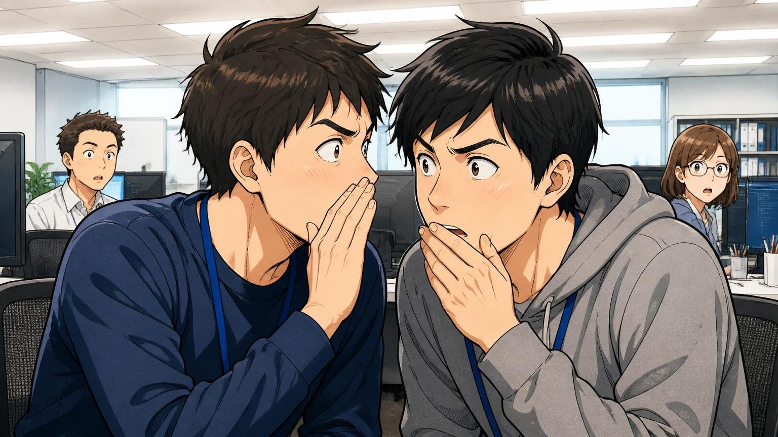 SIerのオフィスで同年代のエンジニア2人が自分たちの年収について小声で話し合う場面