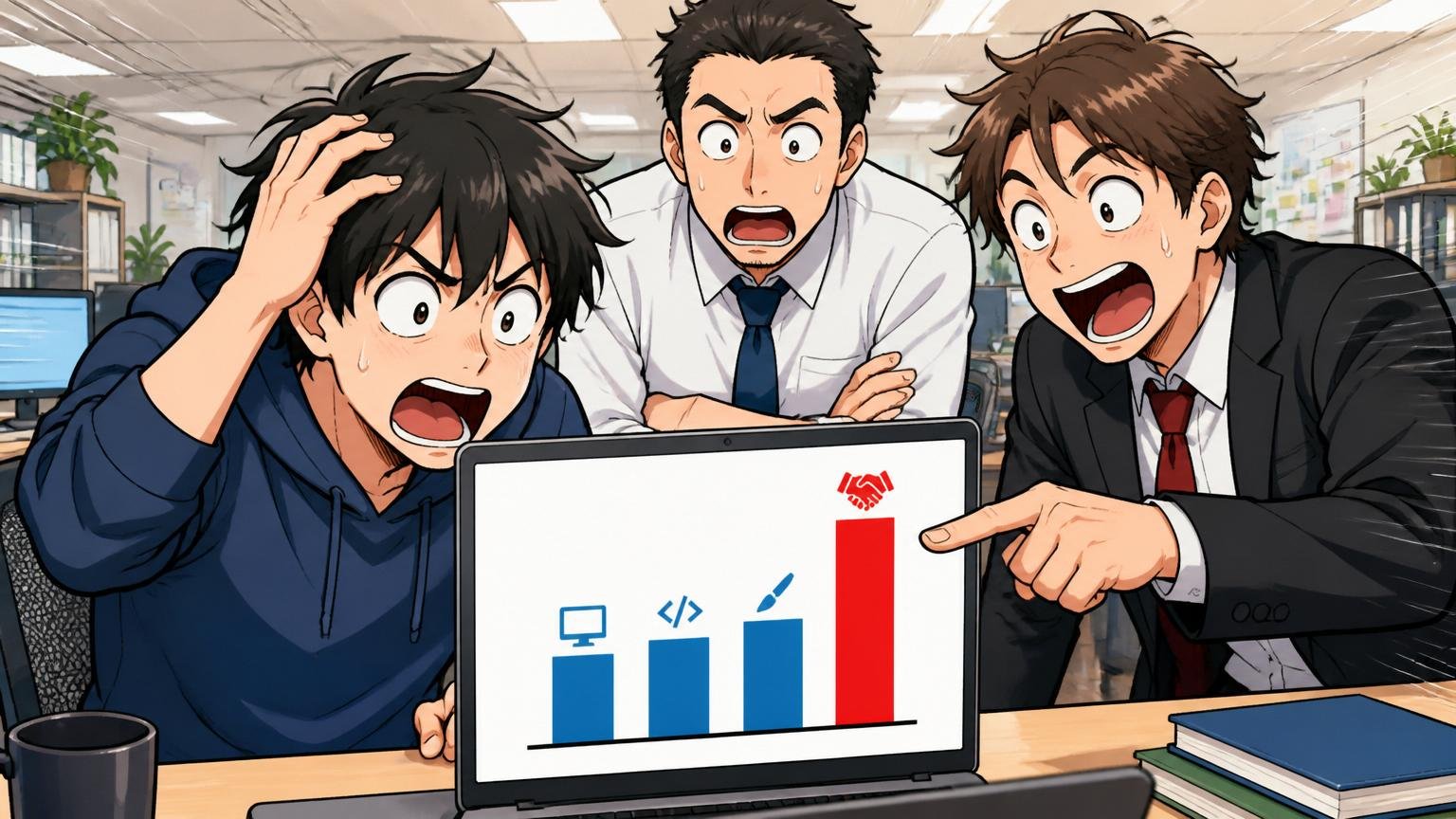 Web系企業のオフィスで職種別の年収差に驚くエンジニアと営業職の3人