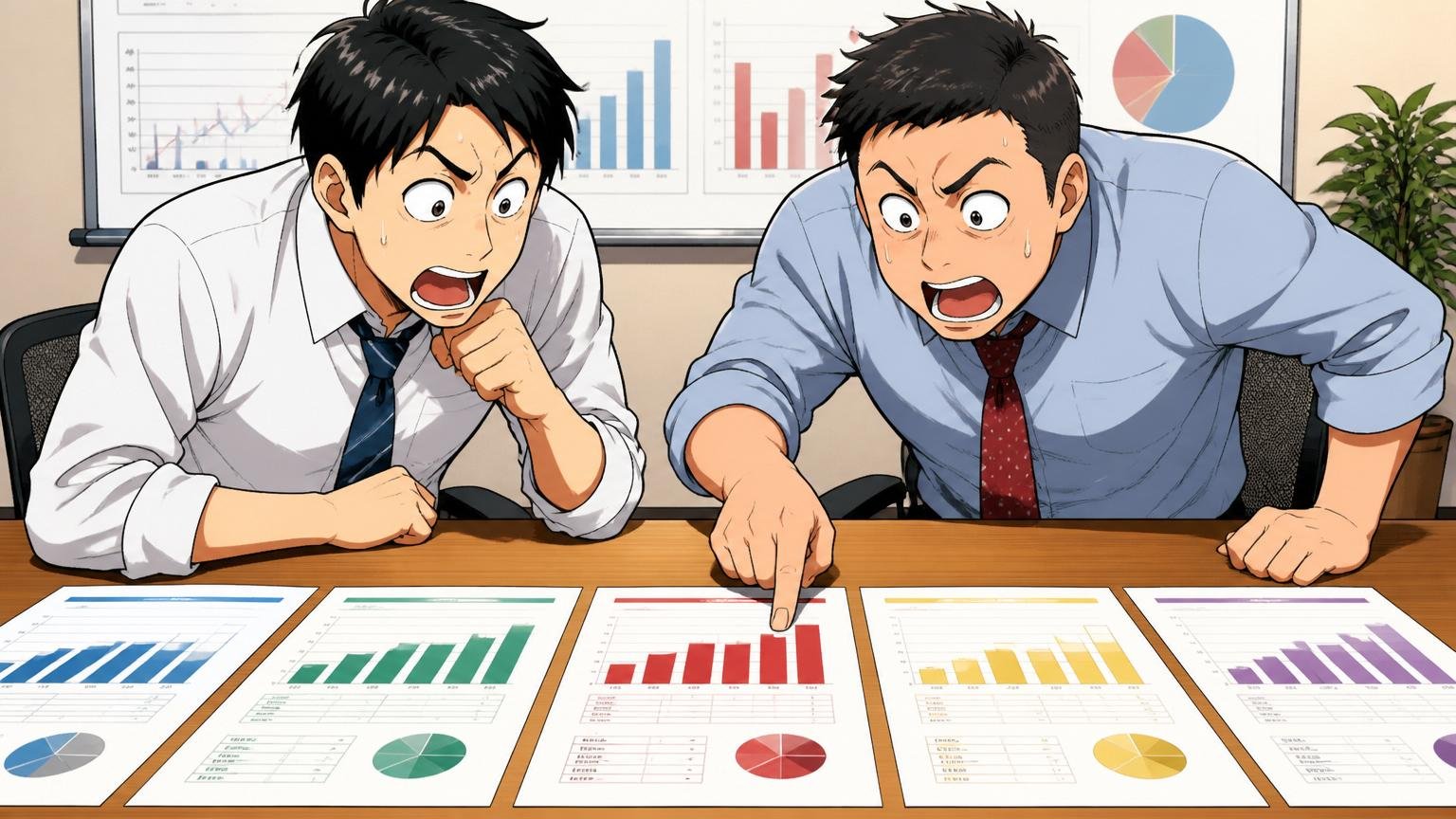 同業他社と比べた日立の年収の位置。会議室で複数社の年収資料を並べて比較する男性社員2人