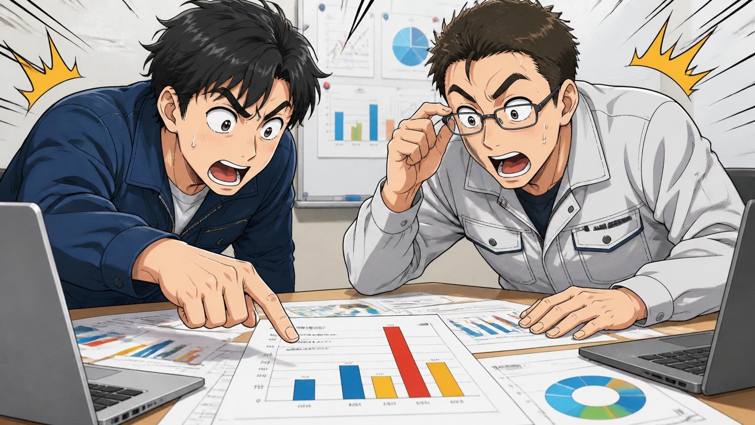 業界平均・全産業平均と比べると見え方が変わる。会議室でエンジニア2人がグラフ資料を見て驚く