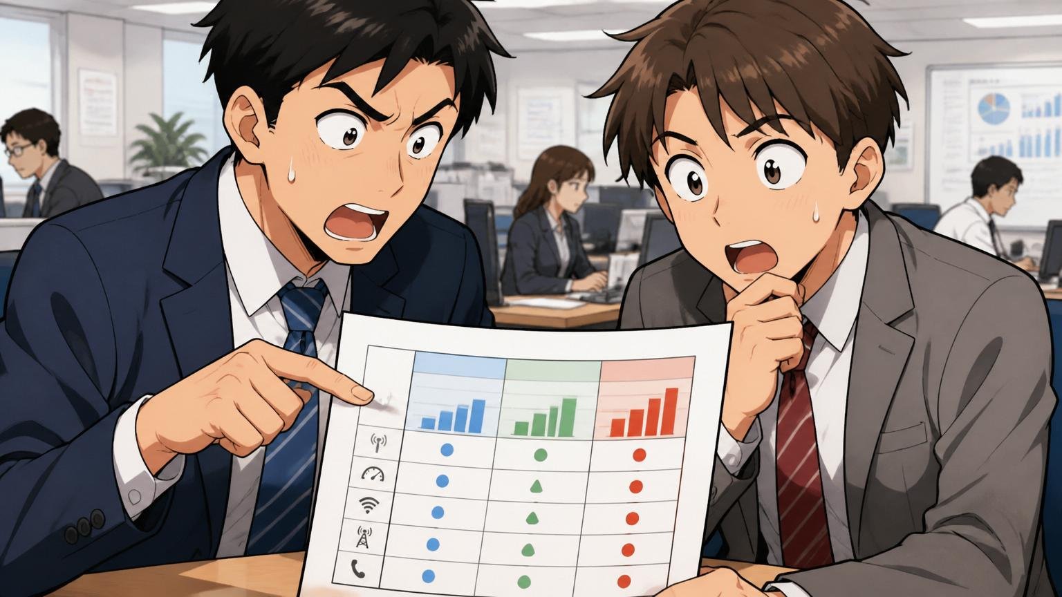 携帯キャリア大手3社で比べるとむしろ最高水準 通信会社のオフィスで 30代男性と20代男性の2人 3社の比較表を見て驚いた表情