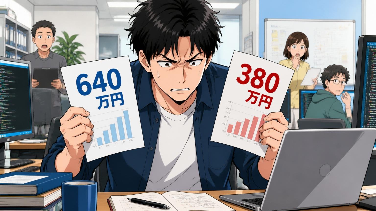 「平均640万円があなたの実感とズレる理由」オフィスで2つの数字を見比べて険しい表情の30代男性エンジニア