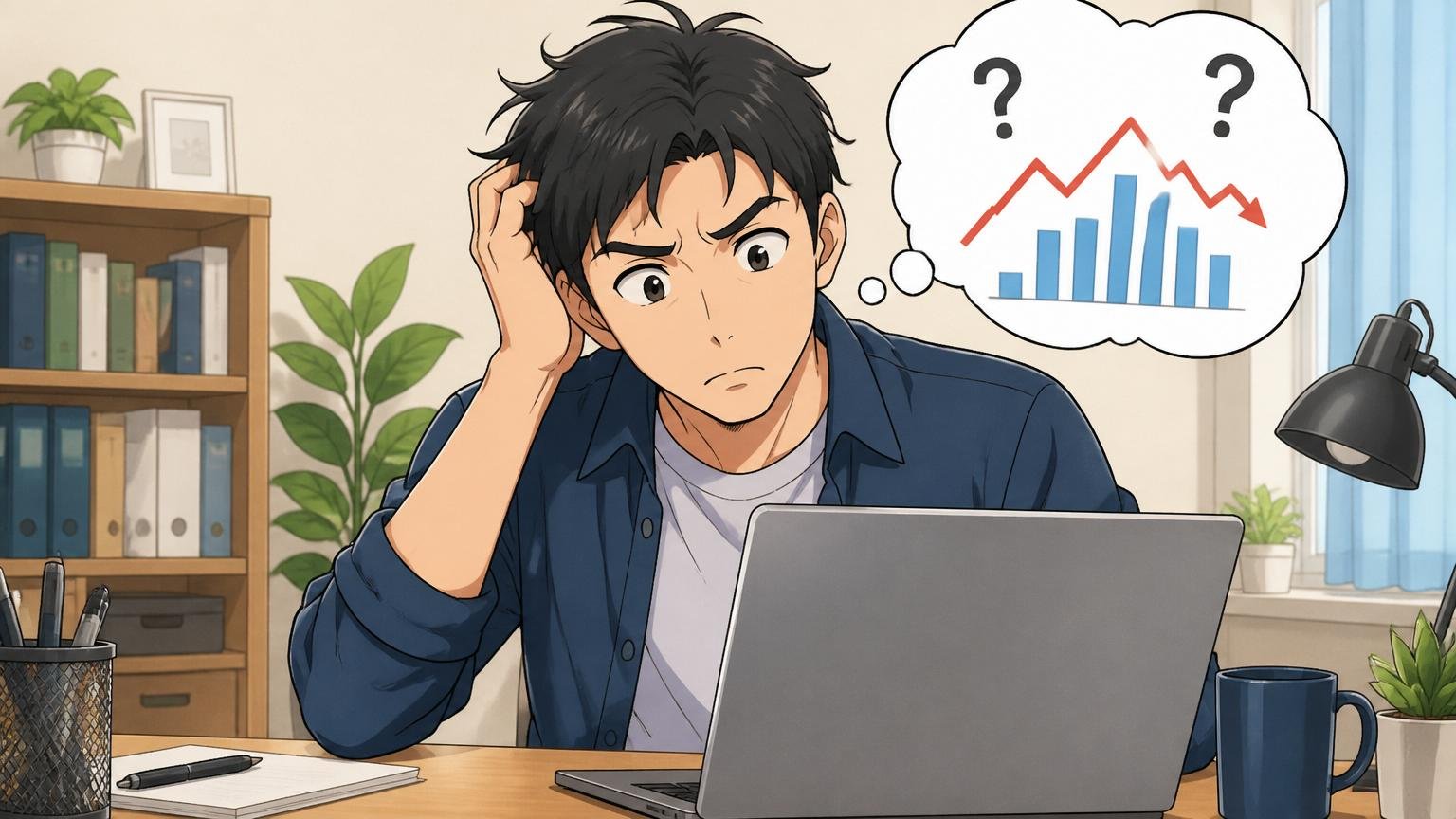 リコージャパンの平均年収は調査サイトで振れる。在宅勤務のデスクで男性エンジニアがノートPC画面を見て首をかしげる