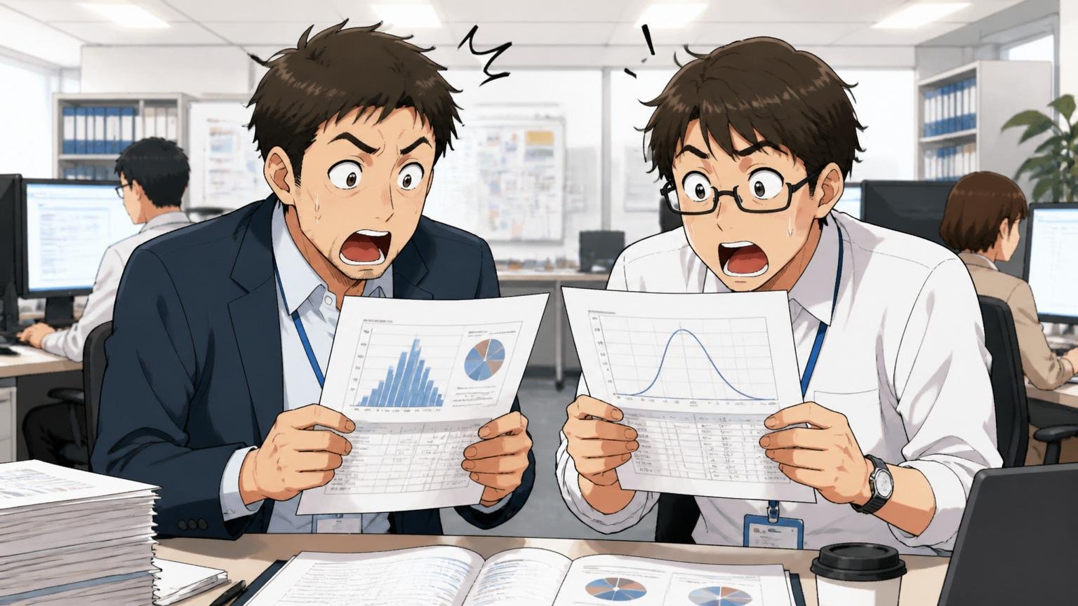 平均値のマジックを解剖する|SIerのオフィスで資料を見比べ驚いた表情を浮かべる中堅エンジニア2人