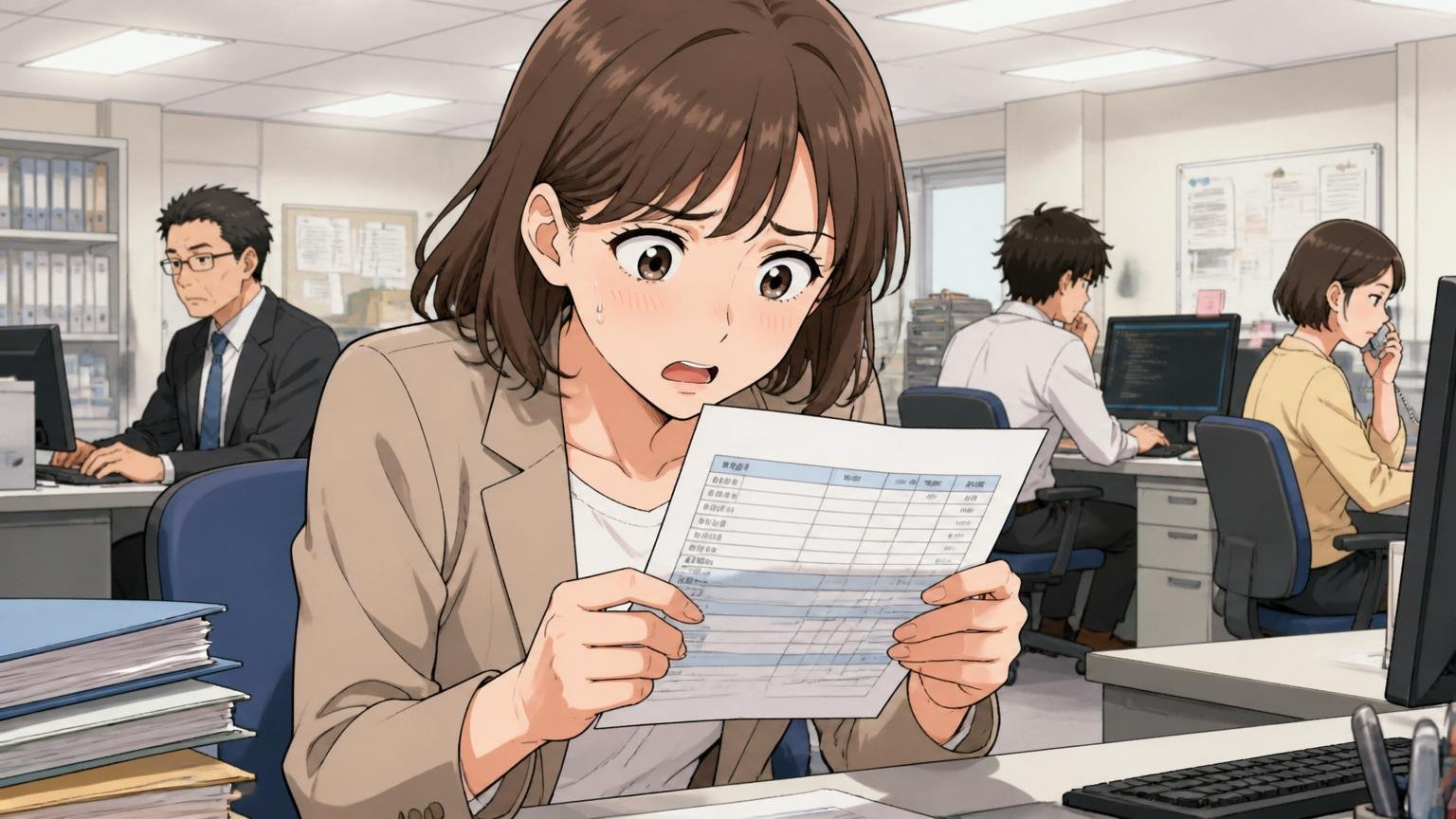 基本給を低く抑え手当で補う給与設計 SIerの事務所で給与明細の基本給欄を見つめる30代女性