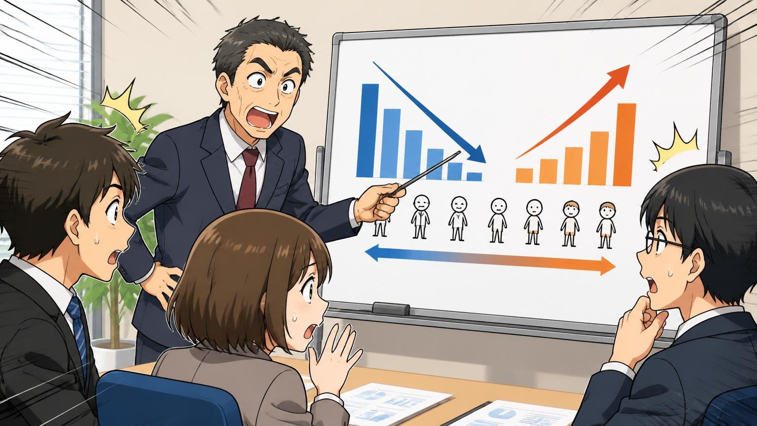 年収が下がって見える平均年齢のからくり。オフィスで男性上司が若手社員3人に図を指して説明