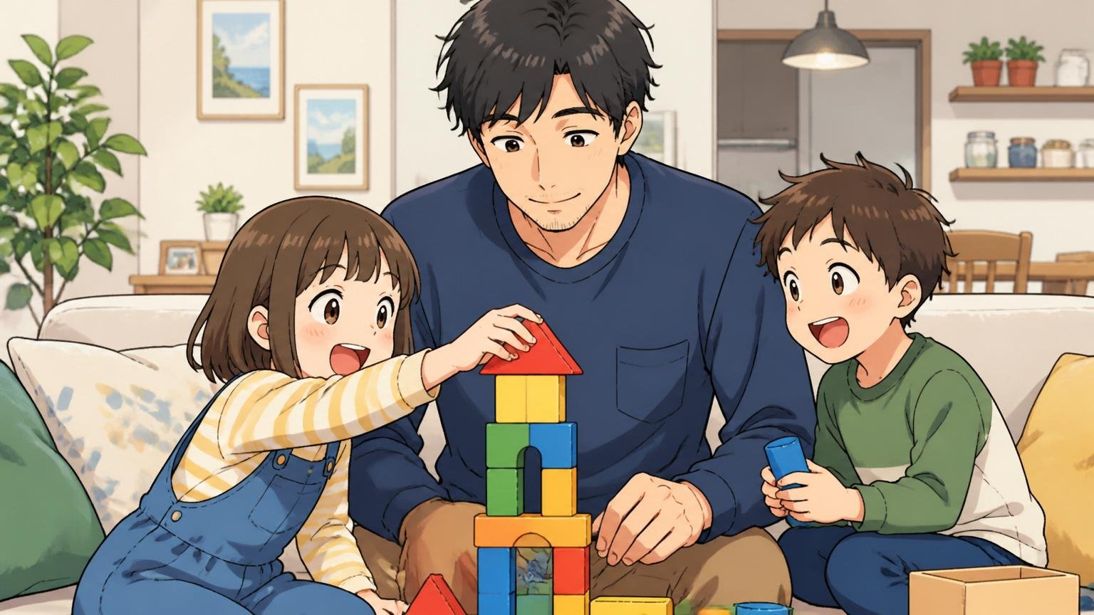 30代エンジニアのライフステージ変化:自宅のリビングで家族と過ごす時間を大切にする1人のエンジニアが優しい表情を見せる