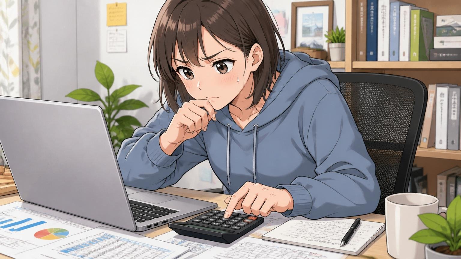 スプレッドシートで年収を比較しながら自分の現在地を確認する場面。自宅のデスクで30代女性エンジニアが電卓とノートPCを使って真剣に計算する。1人のシーン