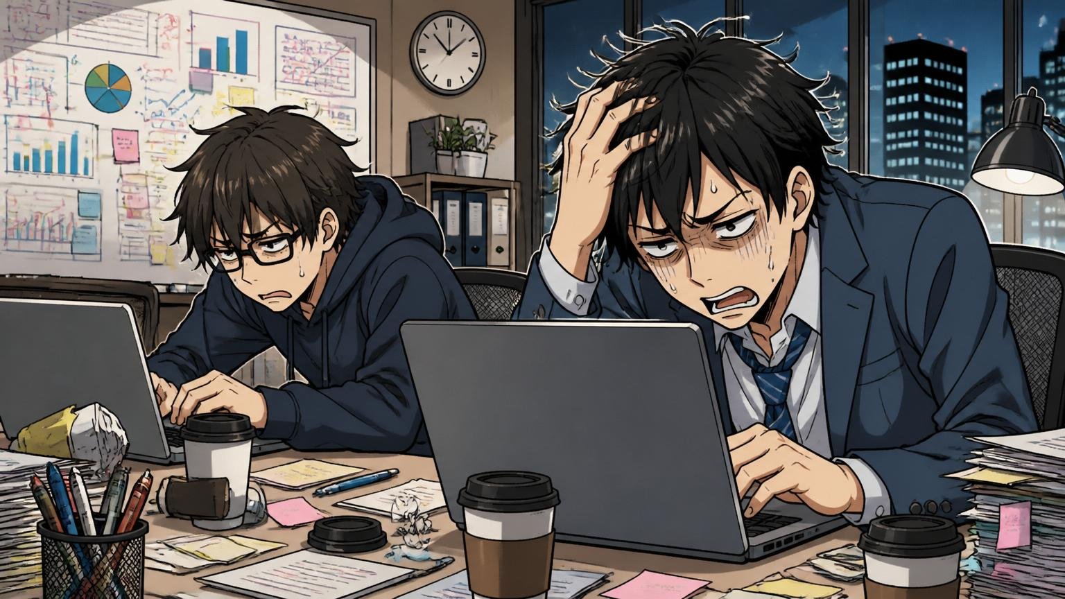 デジタル広告代理店のオフィスで深夜まで残るマーケターが2人ノートPCに向かい疲れ切った表情を見せる場面